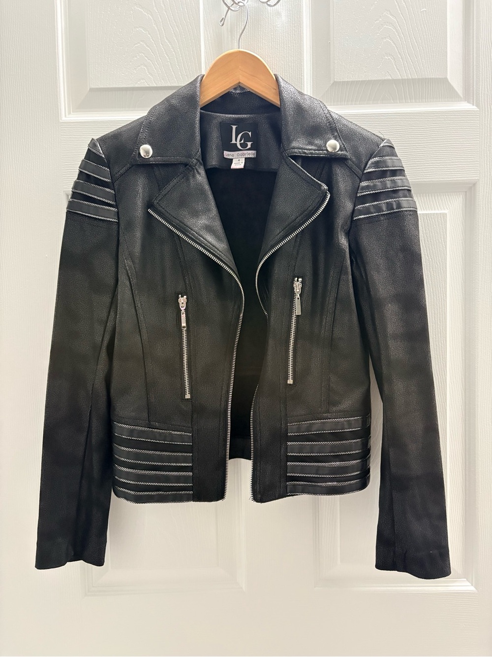 LG Black Faux Leather Moto Jacket with Silver Zippers